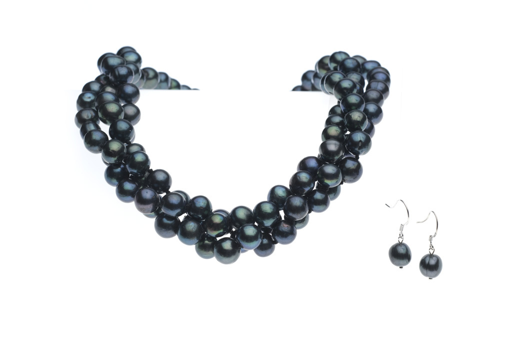 Graue Süßwasser Perlenkette dreireihig "Tahiti style" mit Ohrringen